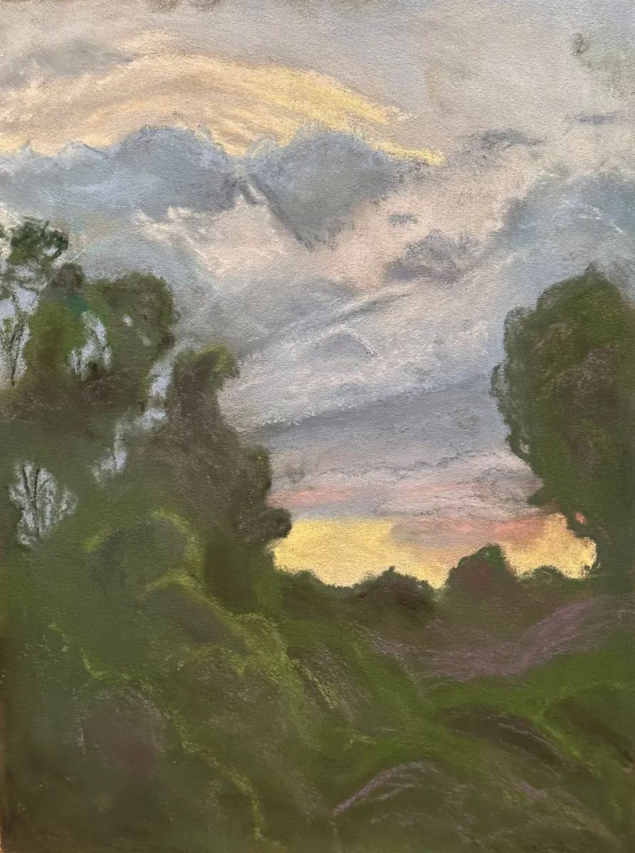 Dark trees framing yellow and pink evening light beneath a purple-gray sky