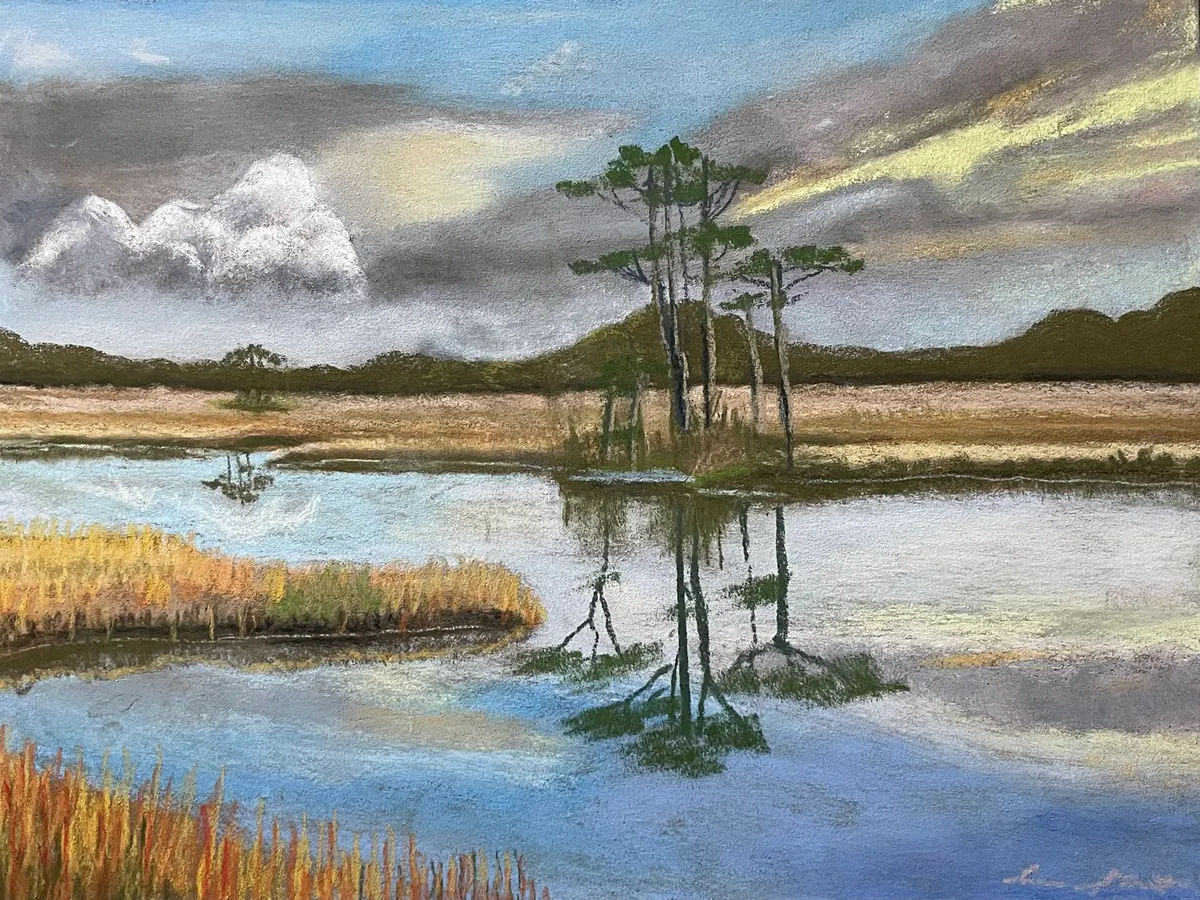 Pines and storm clouds reflected in blue marsh water edged with golden grasses