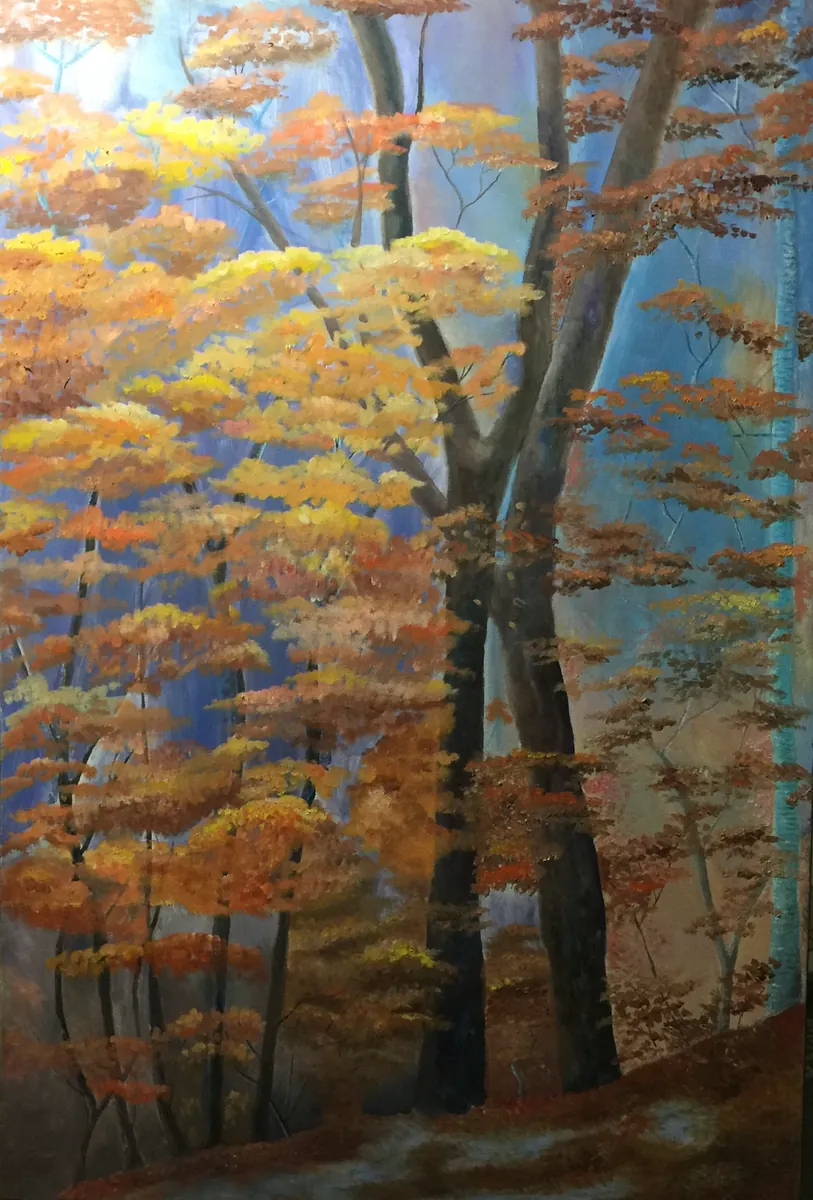 Tall autumn woods with dark trunks, golden leaves, and a cool blue distance