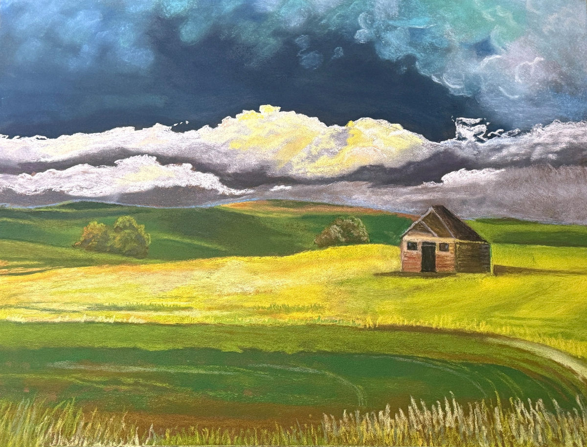 A lonesome cabin in sunlit green fields beneath layered dark storm clouds