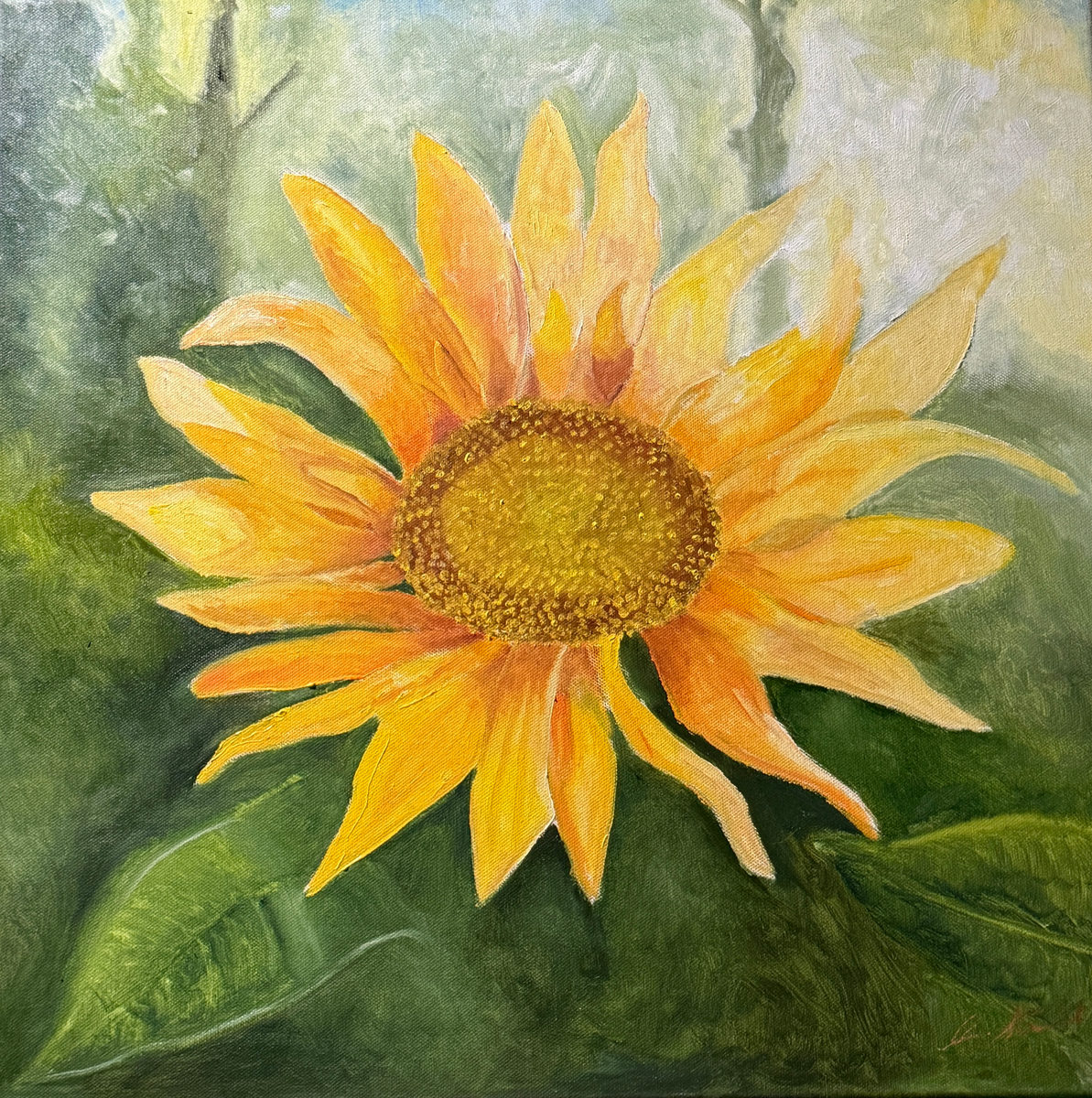 Original oil painting of a large golden-orange sunflower against deep green foliage.