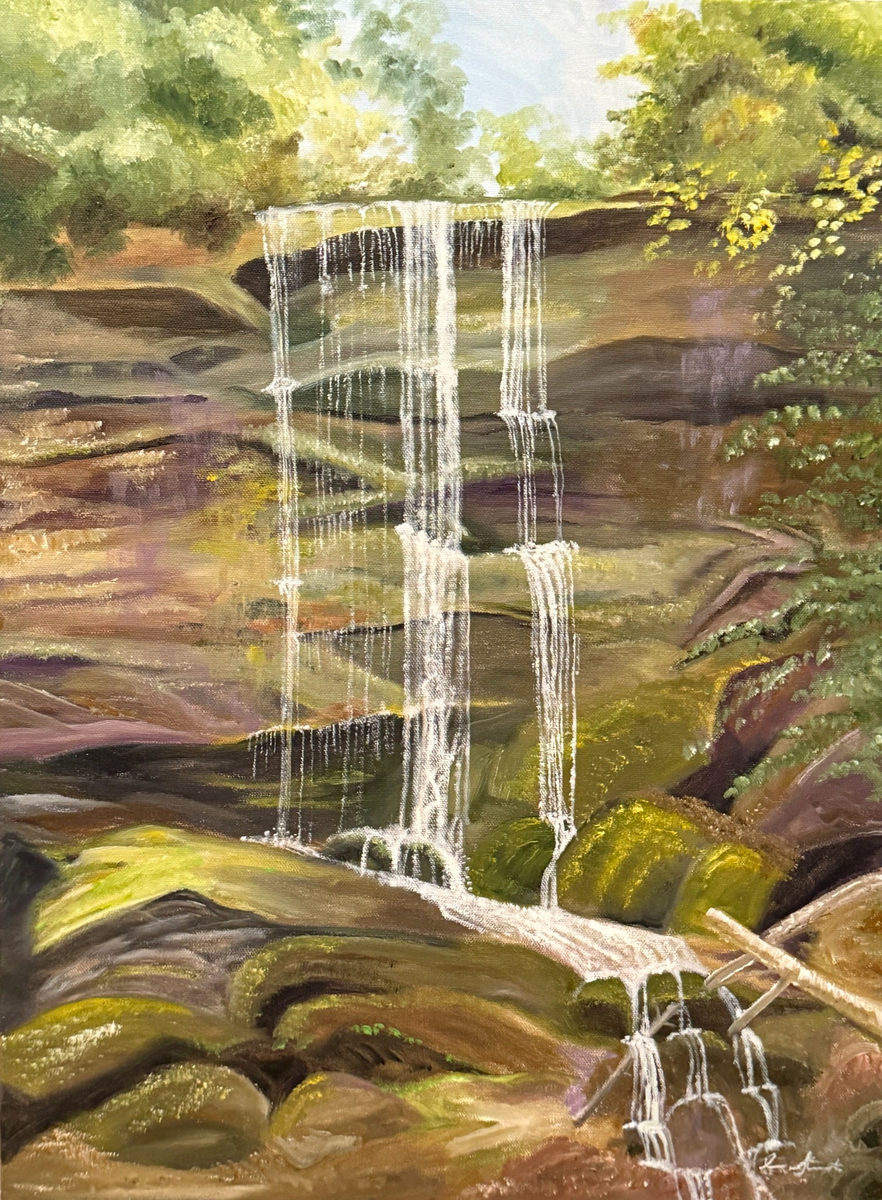 Moore Cove Falls cascading over layered moss-covered rocks beneath green trees in North Carolina