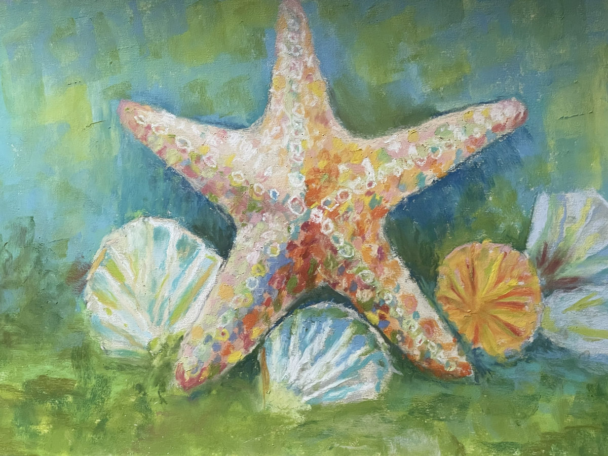 Colorful pink-and-gold starfish surrounded by pastel seashells against a blue-green background