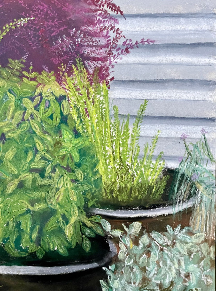 Lush porchside pots of basil, rosemary, and purple flowering herbs beside white siding